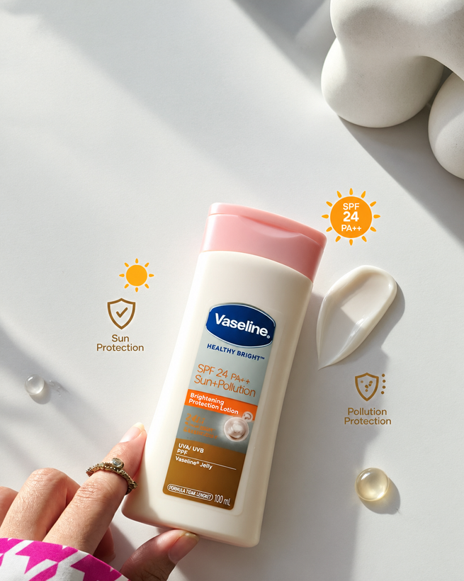 لوسیون بدن وازلین مدل محافظت کننده آفتاب Healthy Bright SPF24 PA++، ضدآلودگی و حاوی ویتامین B3 حجم 100میلی لیتر