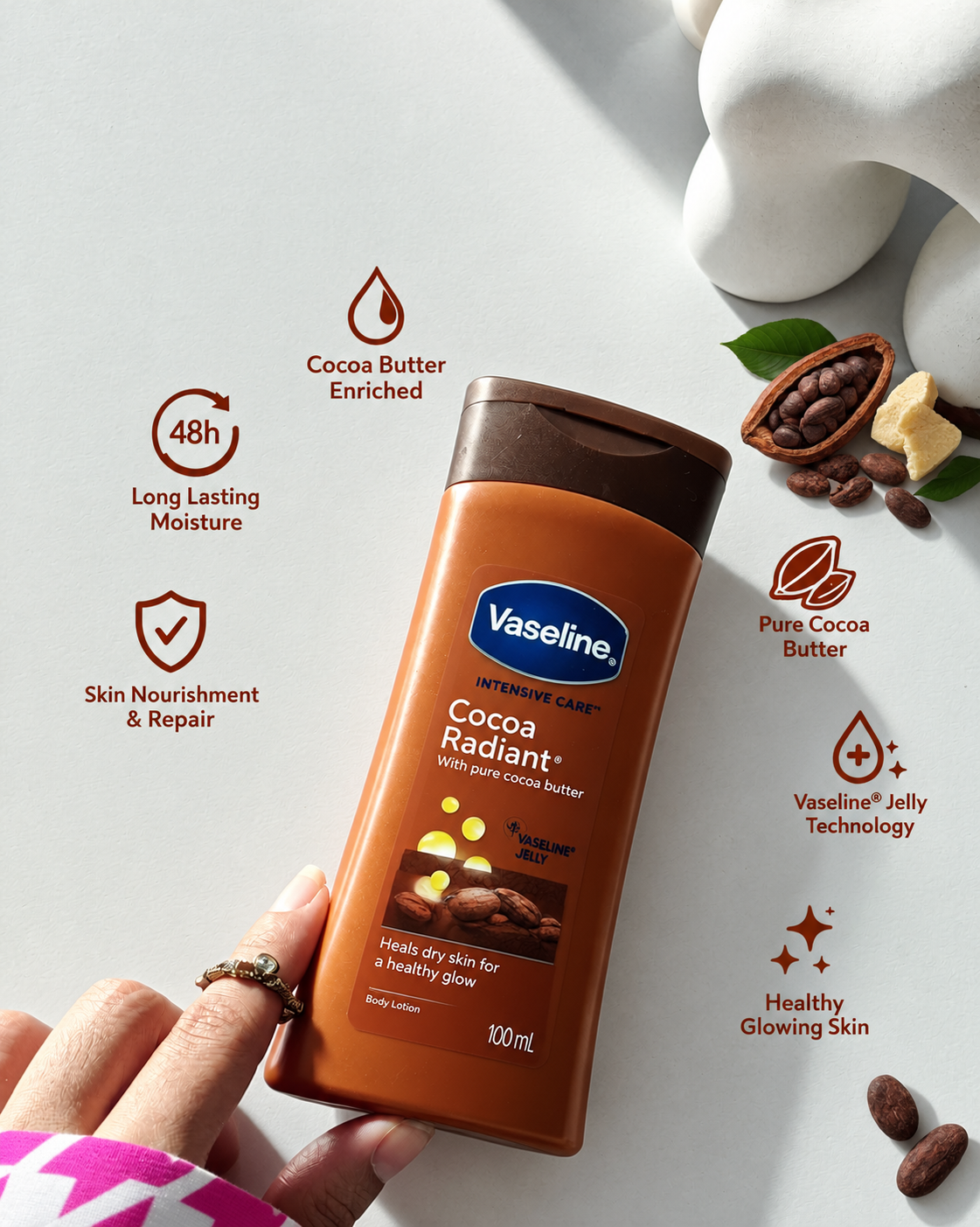 لوسیون بدن وازلین مدل کاکائو Intensive Care Cocoa Radiant | حجم 100 میل